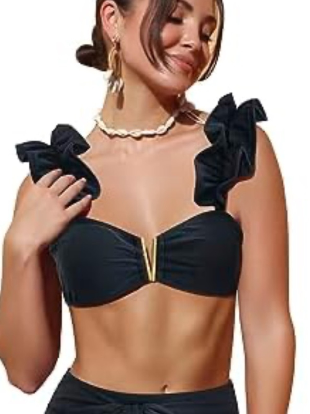 👗Sporlike Black Ruffled Strap bikini Women's Top